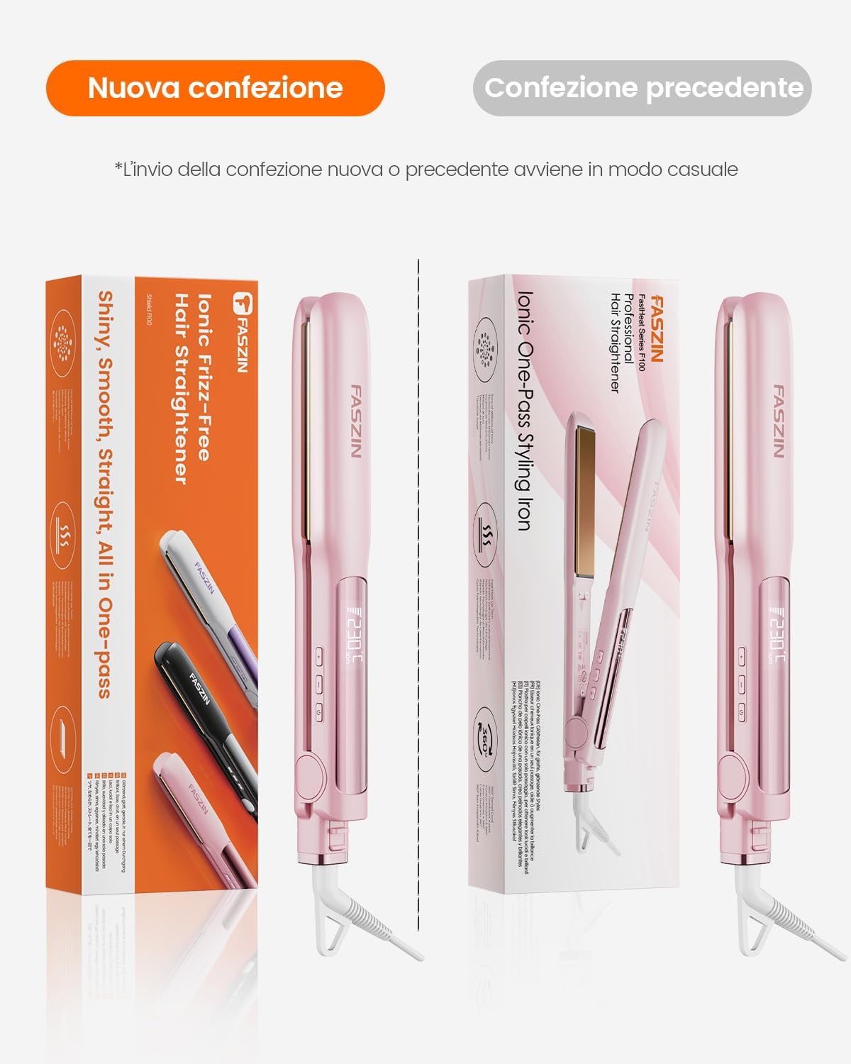 Faszin Piastra Capelli Professionale 2-In-1, Piastre Ioniche di Titanio, Riscaldamento In Soli 20 Secondi, Display LCD Chiaro, Ideale Per Capelli Lisci, Ricci e Mossi, Rosa